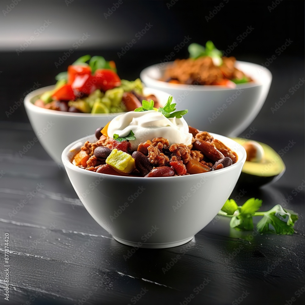 Three bowls of chili with toppings like sour cream, avocado, and cilantro. Three bowls of chili with toppings like sour cream, avocado, and cilantro.