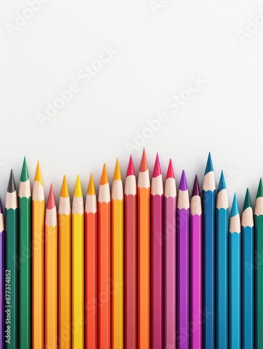 Colorful pencils arranged in a rainbow pattern on a white background.