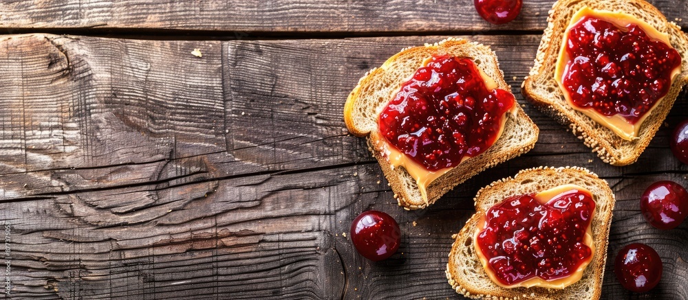 Toast with peanut butter and jelly set against a rustic wooden backdrop perfect for a copy space image Toast with peanut butter and jelly set against a rustic wooden backdrop perfect for a copy space image