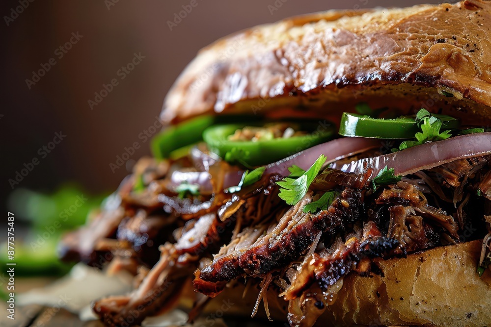Close-up of a delicious pulled pork sandwich with jalapenos and onions. Close-up of a delicious pulled pork sandwich with jalapenos and onions.