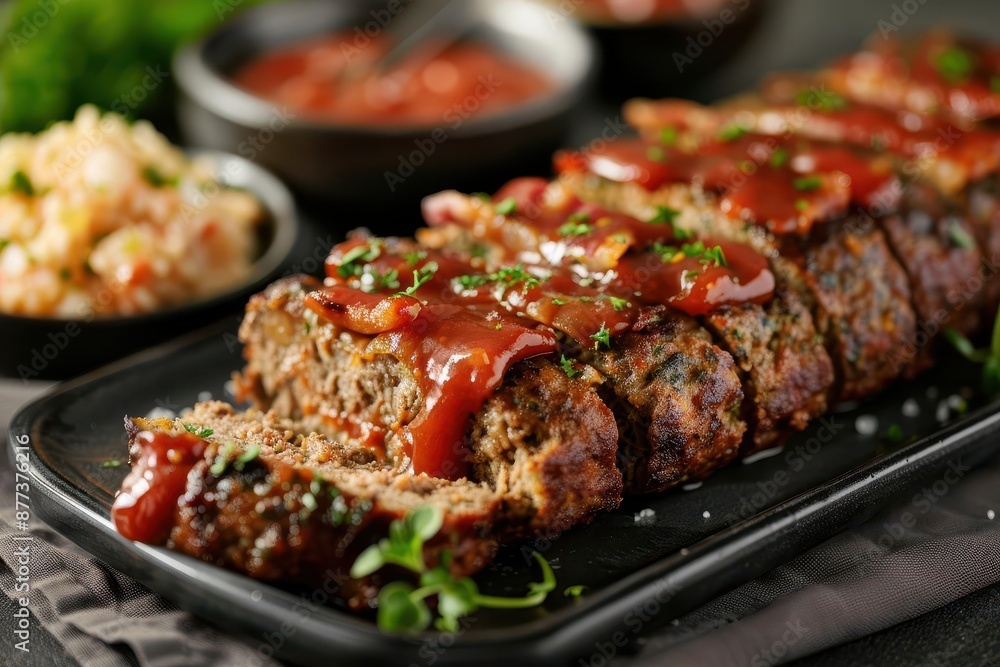 Baked meatloaf with bacon strips and salsa glaze, Baked meatloaf, Classic dish Baked meatloaf with bacon strips and salsa glaze, Baked meatloaf, Classic dish