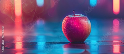 Close up of a single apple on the table with a neon light in the background creating a captivating composition with copy space image photo