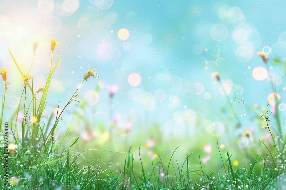 An idyllic spring meadow with a blurred background, with a gradient from blue sky to green grass An idyllic spring meadow with a blurred background, with a gradient from blue sky to green grass