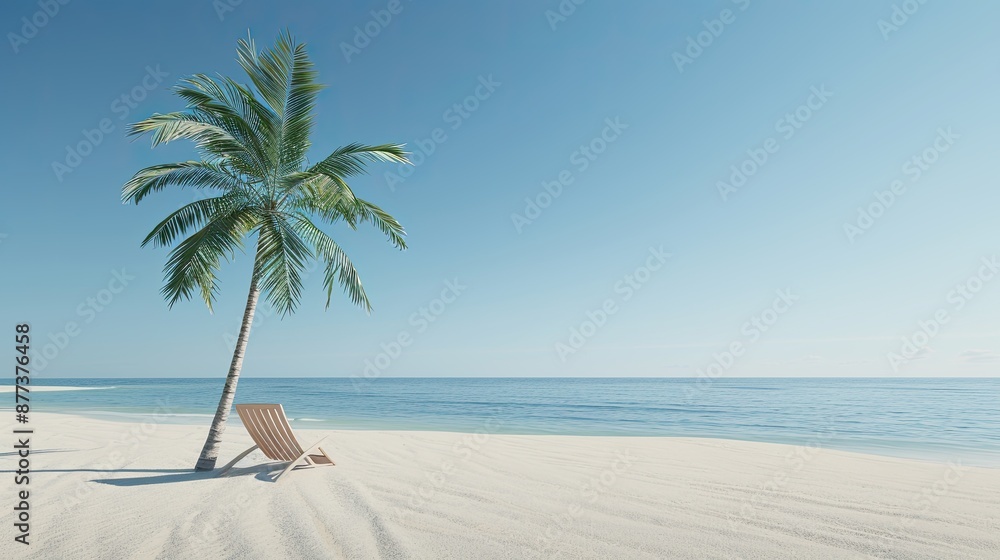 A white beach umbrella provides shade over a wooden beach chair on a sandy beach, with the ocean in the background. A palm tree casts its shadow over the sand A white beach umbrella provides shade over a wooden beach chair on a sandy beach, with the ocean in the background. A palm tree casts its shadow over the sand