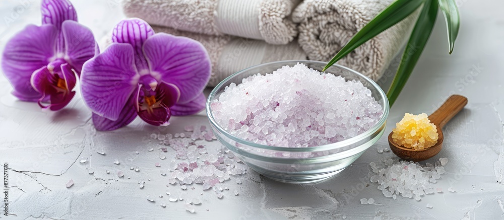 Glass bowl with sea salt spilled close by alongside a towel a purple orchid and soap all on a light background with copy space image Glass bowl with sea salt spilled close by alongside a towel a purple orchid and soap all on a light background with copy space image