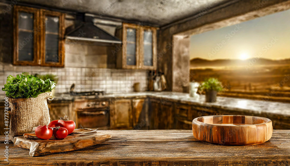 Wooden table surface with modern stove top on blurred background of modern kitchen interior with shelves with tableware Wooden table surface with modern stove top on blurred background of modern kitchen interior with shelves with tableware