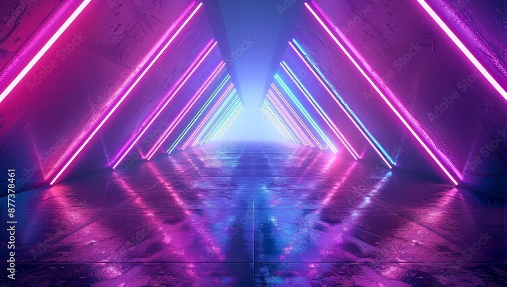 Geometric figure against a dark tunnel in neon light. Laser glow. Geometric figure against a dark tunnel in neon light. Laser glow.
