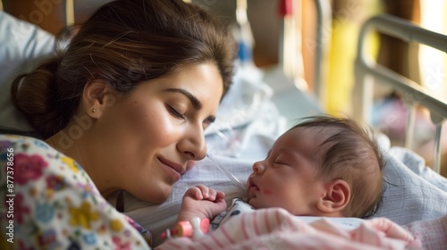 A mother looking lovingly at her newborn sleeping peacefully on a hospital bed