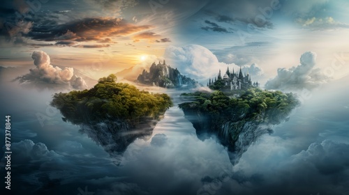 Two floating islands with castles, one bathed in sunlight, the other shrouded in mist, creating a surreal and dreamlike landscape.