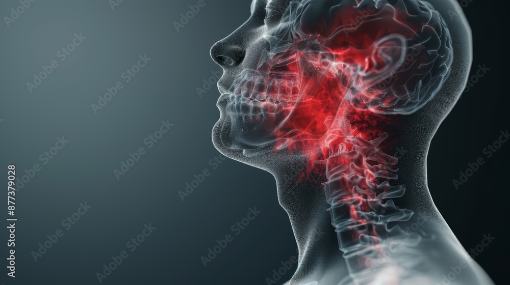 A 3D illustration of a human head and neck, with the throat and neck highlighted in red. A 3D illustration of a human head and neck, with the throat and neck highlighted in red.