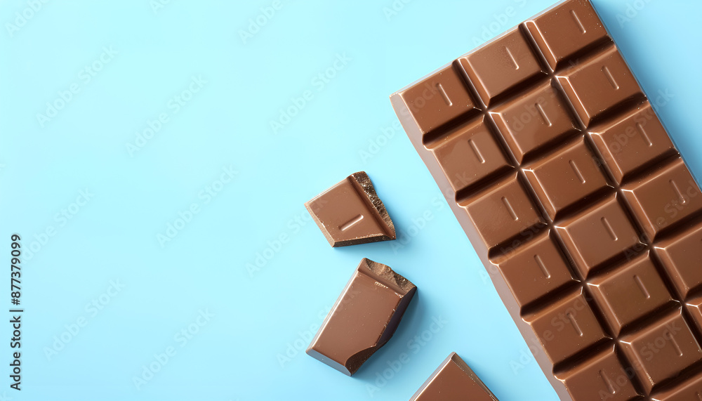 Fototapeta premium Tasty chocolate bar on light blue background, top view. Space for text