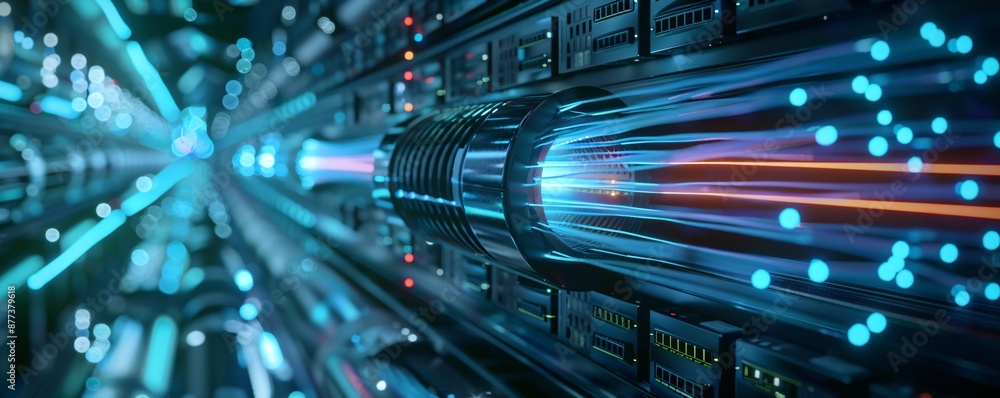 Glowing server room background with fiber optic cable transmitting data ...