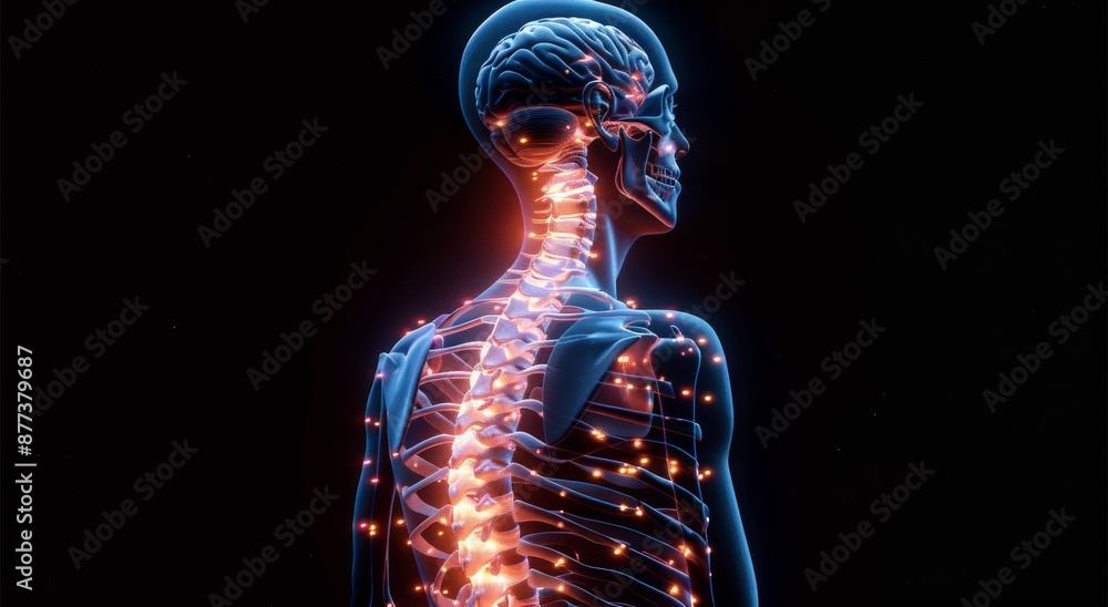 Medical illustration of the human spine with glowing neural pathways, highlighting the nervous system Medical illustration of the human spine with glowing neural pathways, highlighting the nervous system