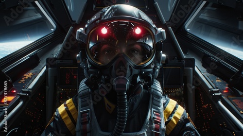 This is a frontal view of a female pilot sitting in the cockpit. A mech pilot with fastened yellow seat belts. The female pilot is wearing a futuristic VR helmet. Woman using virtual reality headset.