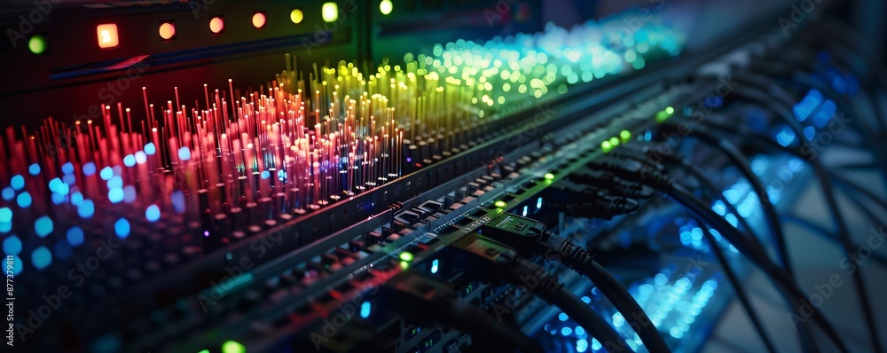 Data center server rack panel with illuminated fiber optic cables ...