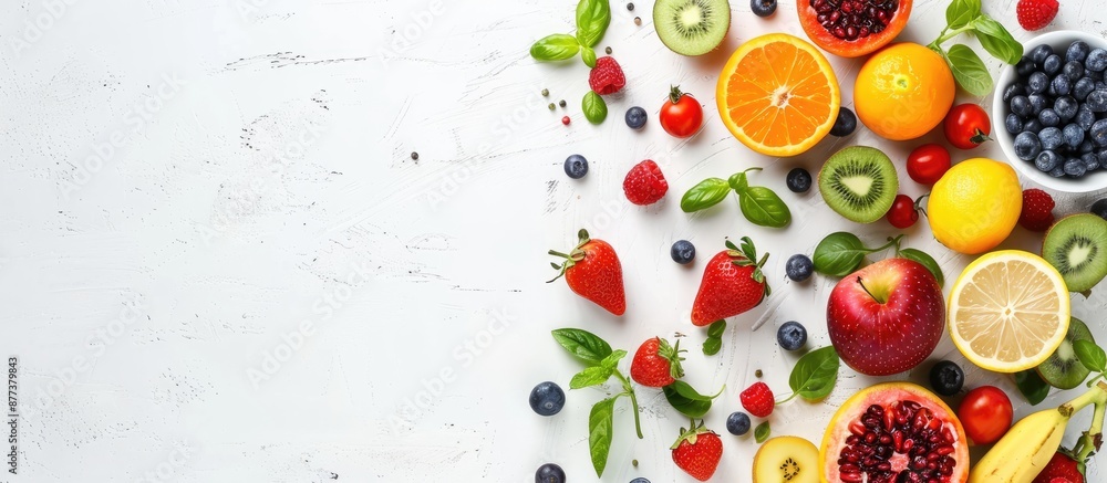 Fresh fruits and vegetables on a white background with copy space image Fresh fruits and vegetables on a white background with copy space image