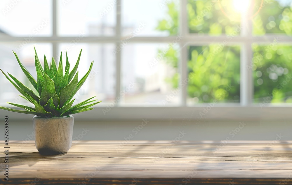 The top of a wooden table is set against a blurred background of a half-curtain window The top of a wooden table is set against a blurred background of a half-curtain window