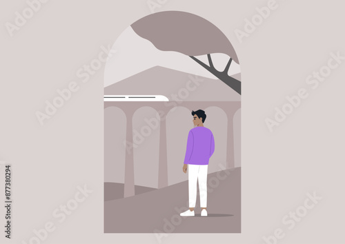 A lone figure stands beneath a viaduct, gazing out at the distant cityscape, The soft light of the setting sun casts long shadows across the scene