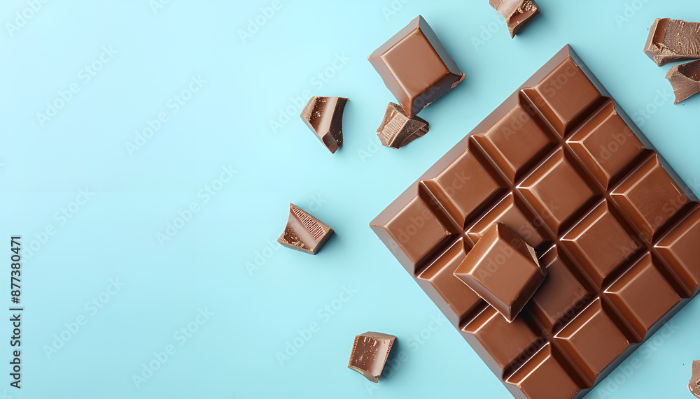Tasty chocolate bar on light blue background, top view. Space for text Tasty chocolate bar on light blue background, top view. Space for text