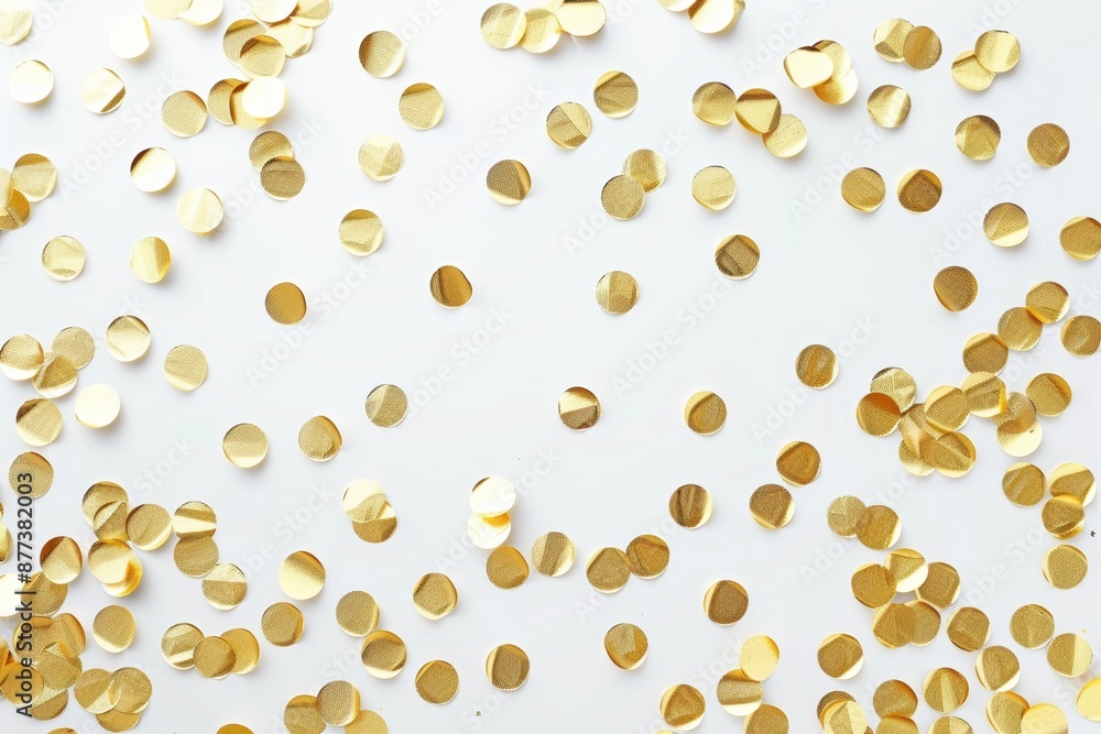 Golden confetti on a white background. A festive, party or holiday glitter backdrop shown from the top. Golden confetti on a white background. A festive, party or holiday glitter backdrop shown from the top.