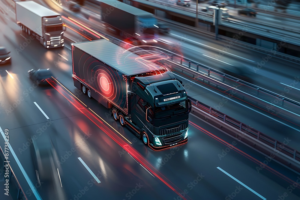 Aerial view of autonomous truck driving on autopilot on a highway. Transportation concept Aerial view of autonomous truck driving on autopilot on a highway. Transportation concept