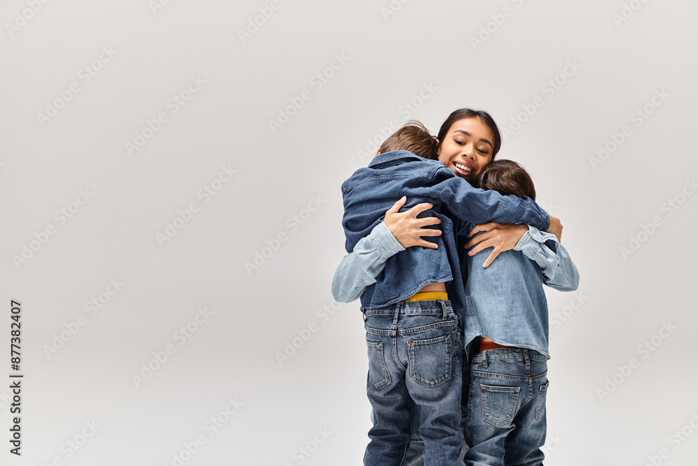 A young Asian mother and her little sons, wearing denim clothes, hugging each other in front of a white background. A young Asian mother and her little sons, wearing denim clothes, hugging each other in front of a white background.