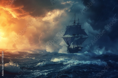 Tall Ship Navigating Stormy Seas During Sunset