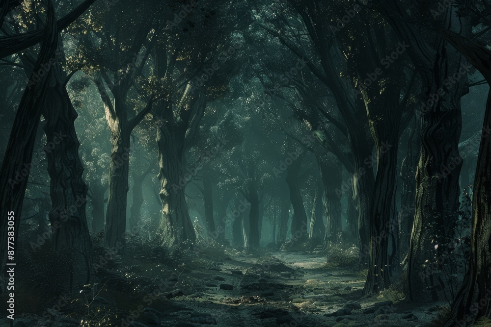 Fototapeta premium A Foggy Forest Path Leading Through Tall Trees