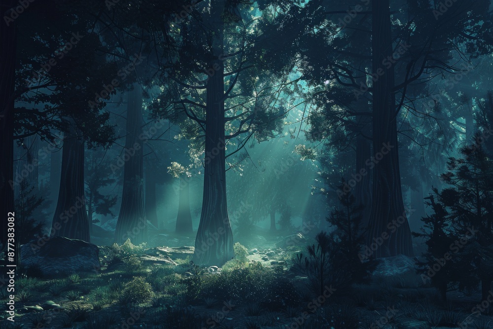 Fototapeta premium Sunlight Through Dense Forest Trees at Dusk