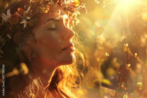 Closeup portrait of a beautiful young woman with a flower wreath enjoying the sun in a field of flowers
