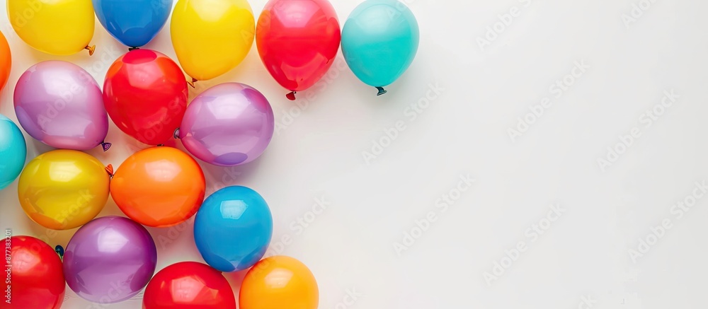 Top view of vibrant balloons against a white backdrop with ample copy space image available Top view of vibrant balloons against a white backdrop with ample copy space image available