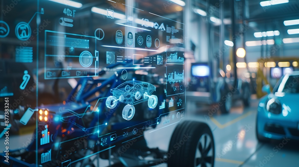 Futuristic virtual graphic touch user interface on screen with auto repair garage blurred on background Futuristic virtual graphic touch user interface on screen with auto repair garage blurred on background