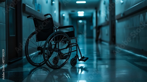 Low key images of an empty wheelchair in a hospital corridor
