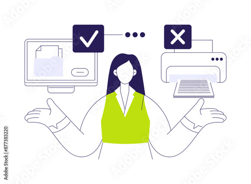 Printer ink and paper reduction abstract concept vector illustration.