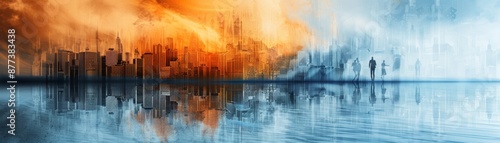 Abstract cityscape with fiery sky reflected in water. © tinnakorn