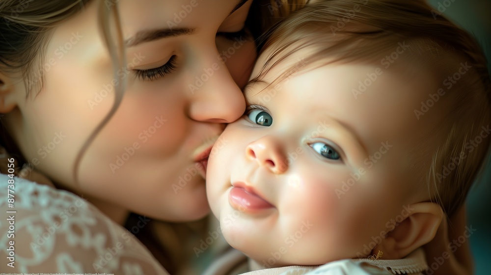 Close-up of a mother planting a gentle kiss on her baby's cheek Close-up of a mother planting a gentle kiss on her baby's cheek