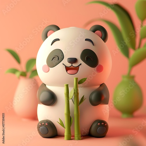 Adorable 3D Cartoon Panda Holding Bamboo Against Pink Backdrop photo