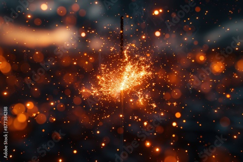 Stunning macro shot of a lit sparkler emitting bright, golden sparks set against a dark, defocused background with rich orange and blue bokehAbstract photo