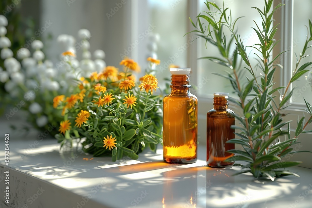 Glass Bottles with Herbal Oil on Sunlit Windowsill Surrounded by Fresh Greenery and Vibrant Blooming Flowers Creating a Tranquil Atmosphereherbal oil Glass Bottles with Herbal Oil on Sunlit Windowsill Surrounded by Fresh Greenery and Vibrant Blooming Flowers Creating a Tranquil Atmosphereherbal oil
