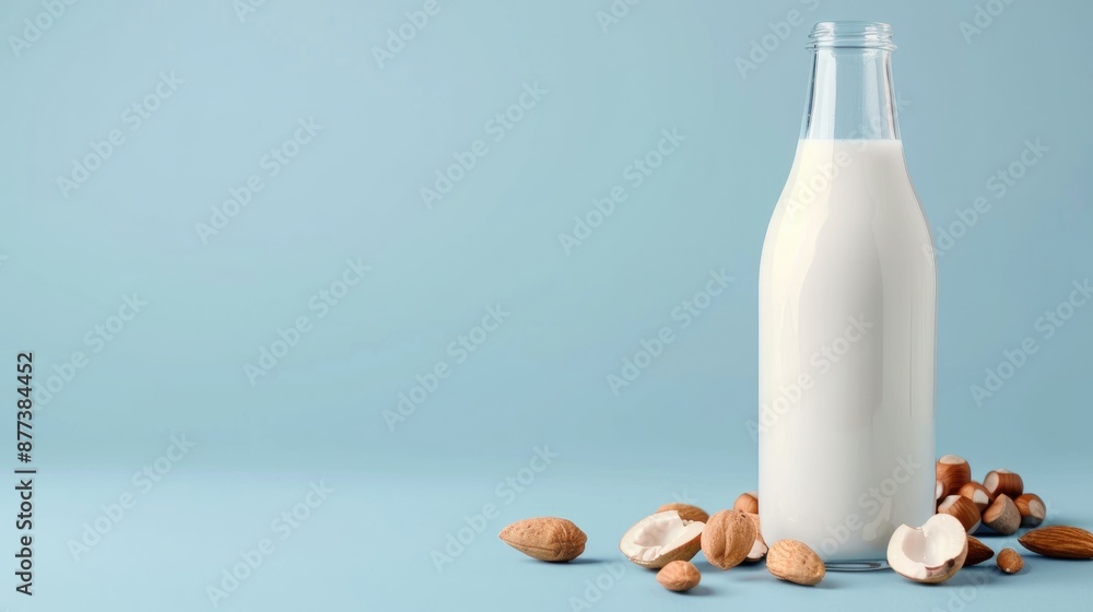Almond milk bottle with fresh nuts on blue background dairy free vegan food concept Almond milk bottle with fresh nuts on blue background dairy free vegan food concept