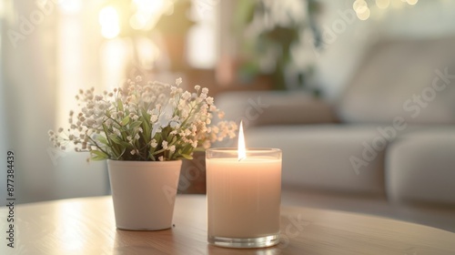 A Burning Candle and White Flowers on a Wooden Table