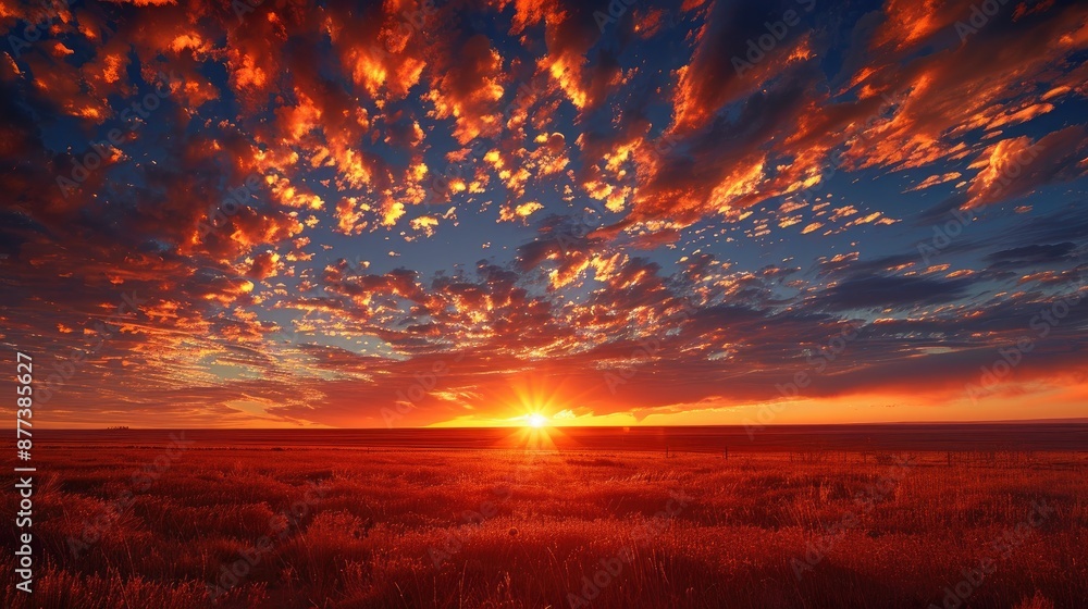 Fototapeta premium A warm sunset over a desert landscape with distant mountains.