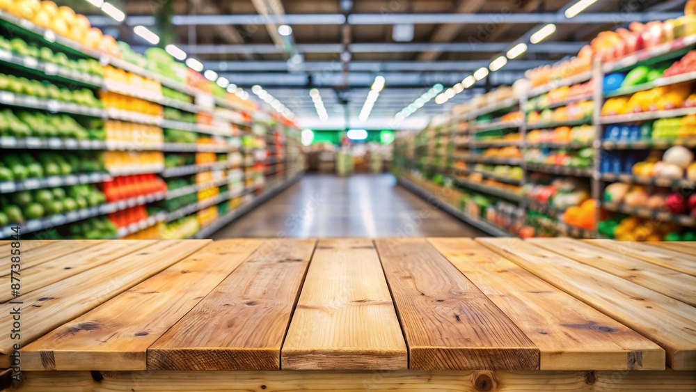 Empty wood table top with supermarket blurred background Empty wood table top with supermarket blurred background