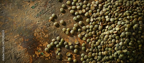 Photo of a classic Turkish green lentils pile with copy space image shot from above in a flat layout photo