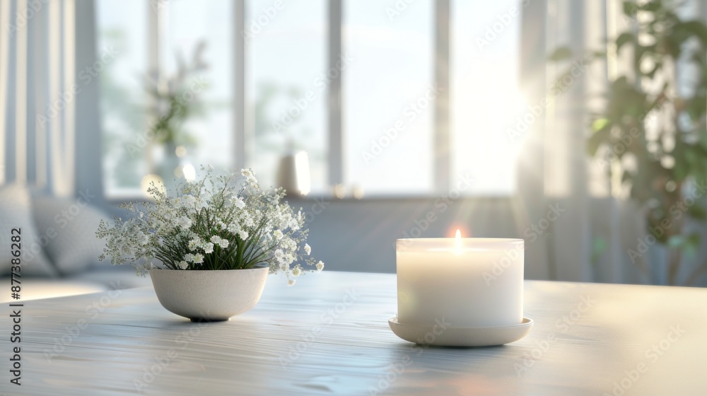Fototapeta premium Scented Candle and White Flowers on a Table