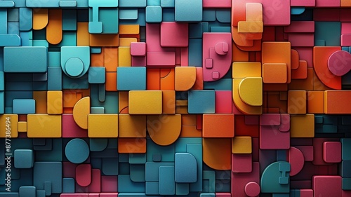 Colorful Abstract Geometric Pattern with 3D Cubes, Cylinders, and Shapes Creating a Vibrant and Dynamic Textured Backgroundabstract