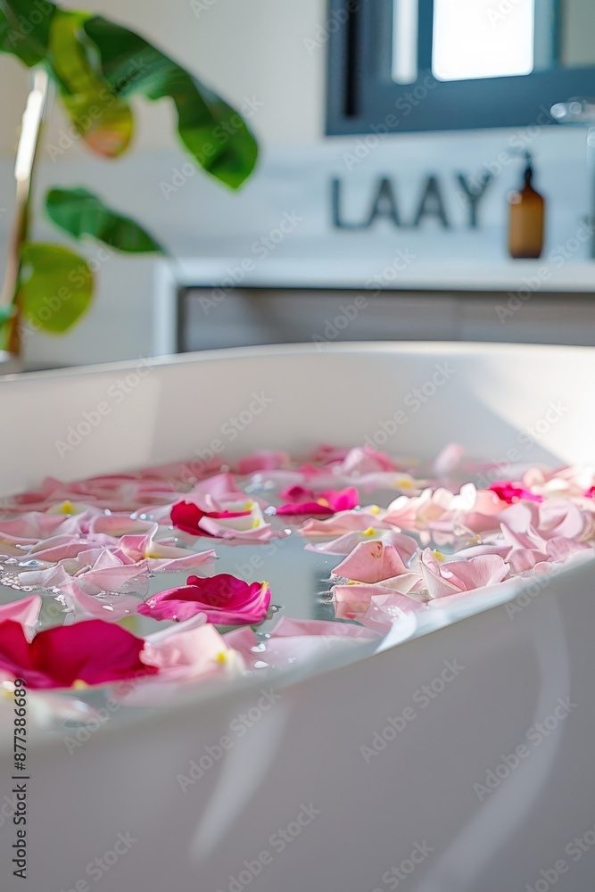A serene bath tub filled with rose petals, surrounded by a peaceful atmosphere. The bathroom mirror reflects the relaxing mood with 'lazy day' written on it. A serene bath tub filled with rose petals, surrounded by a peaceful atmosphere. The bathroom mirror reflects the relaxing mood with 'lazy day' written on it.