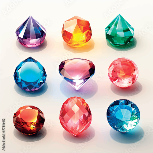 Collection of stylized multi-colored gemstones icons, labels, badges, illustration. Crystals gems icons of different types. Jewelry, treasures, costume jewelry, set of shiny stones art.