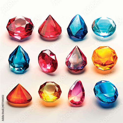 Collection of stylized multi-colored gemstones icons, labels, badges, illustration. Crystals gems icons of different types. Jewelry, treasures, costume jewelry, set of shiny stones art.