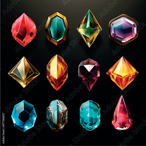 Collection of stylized multi-colored gemstones icons, labels, badges, illustration. Crystals gems icons of different types. Jewelry, treasures, costume jewelry, set of shiny stones art.